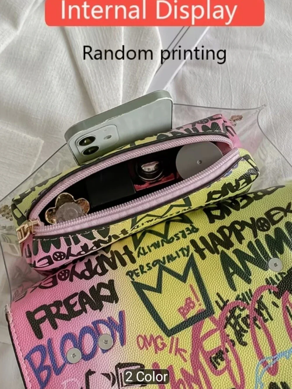 Trendy Studded Graffiti Print Top-Handle Bag in Pink Yellow Green